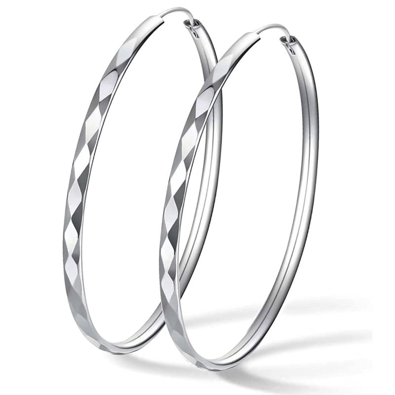 Gintan 925 Sterling Silver Hoop Earrings, Gintan Silver Earrings Hoops 3mm Wide Diamond Cut Hoop Earrings Large Hoop Earrings Silver Endless Hoop Earrings for Women 30/40/50/60mm - Image 1